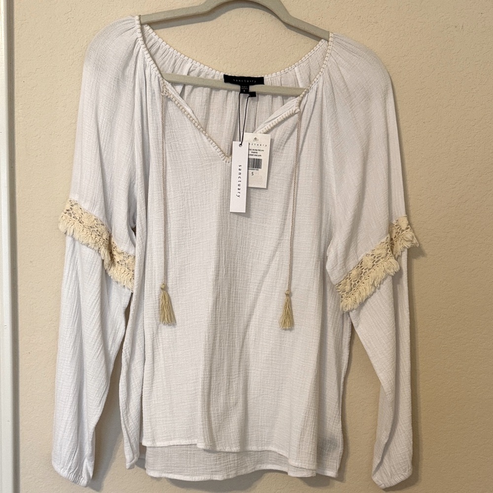 Sanctuary White Bohemian style Blouse with Sand Colored Trim and Tassel Details
